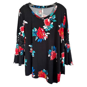 NY Collection Women's Floral Tunic Blouse Asymmetric w/Lace Detail Sz L/XL Black